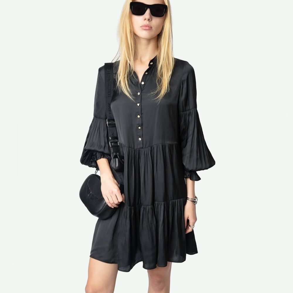 Nwt Zadig & Voltaire ‘Randy Long Sleeve Satin Dress’ Size Xs Black $478